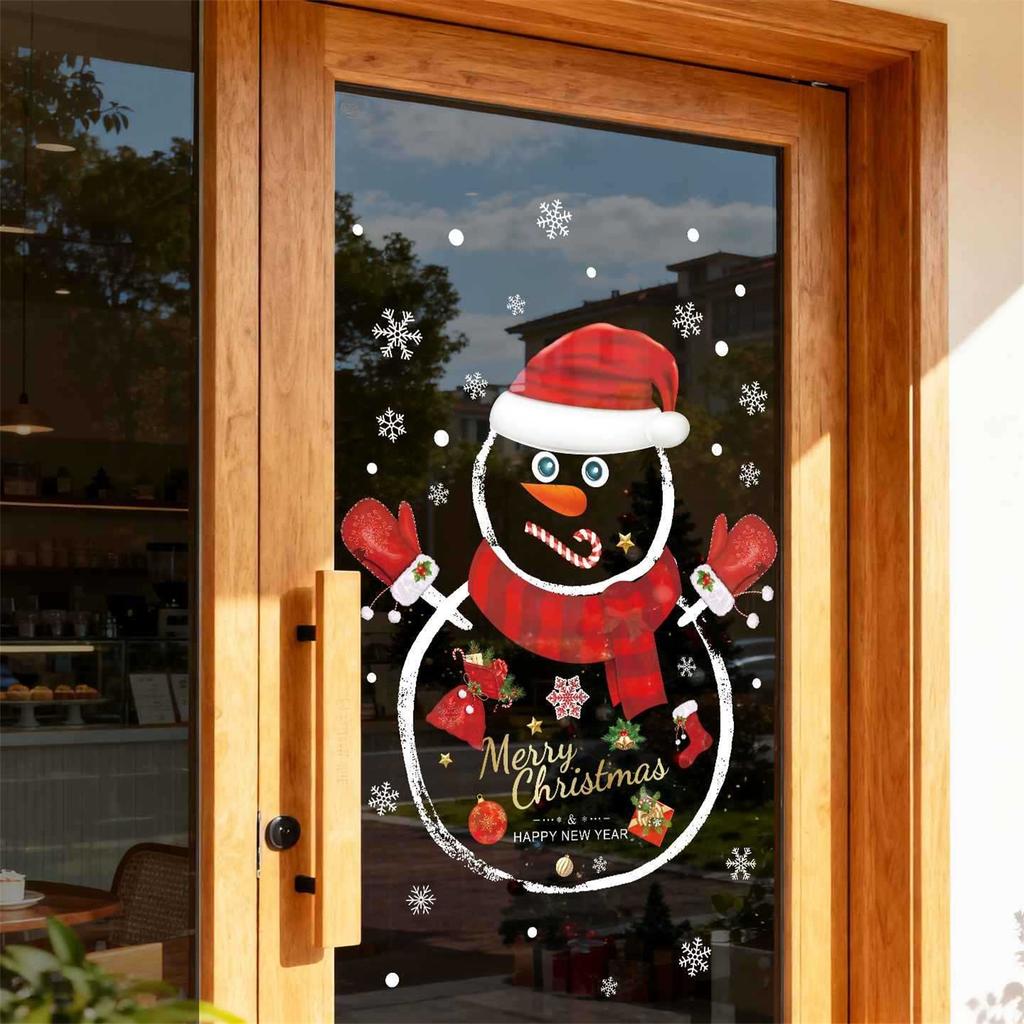 Christmas Decorative Glass Stickers, Snowman Christmas Tree Transparent Window Stickers, Decorative Atmosphere Scene Setup