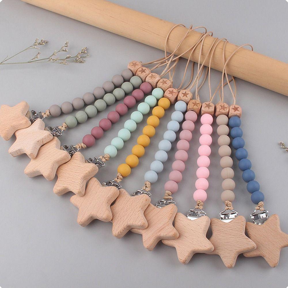 1 Pc Useful Safety Baby Pacifier Chain Beech Wood Star Beads Anti-drop Soft Nipple Bracket Holder Toddler Toys Holder