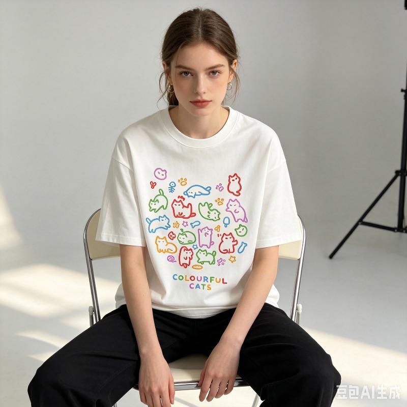 Colourful Cats Print Unisex Tshirt Cute Rainbow Line Art Cat Graphic Tee Casual Short Shirt For Daily Streetwear Andcat Lovers