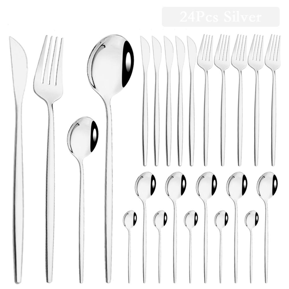 24 шт. столовых приборов из нержавеющей стали, зеркальная белая золотая посуда, набор столовых приборов в западном стиле, нож, вилка, ложка, столовые приборы, кухонное серебро