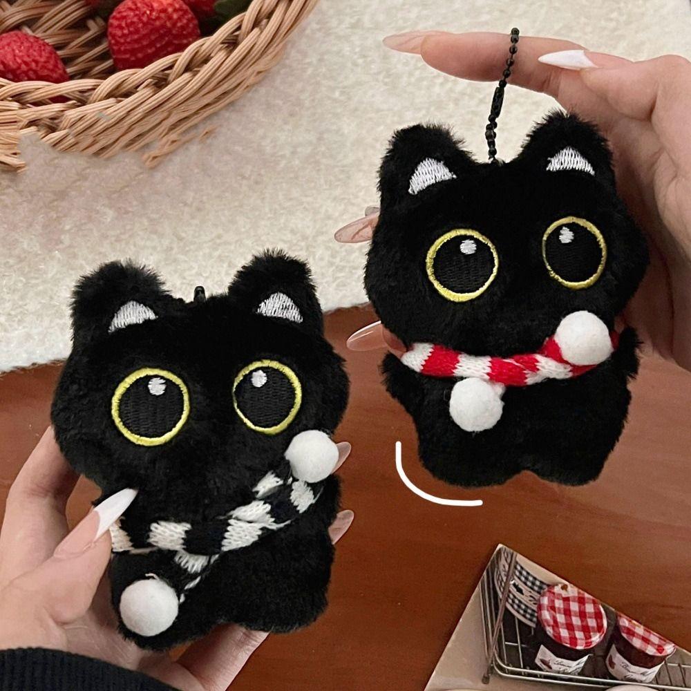 Chirping Squeeze Plush Keychain Cartoon Plush Stuffed Toys Squeak Scarf Black Cat Pendant  Couple
