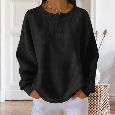 Женские топы с круглым вырезом, декорированные пуговицами, с длинным рукавом, пуловеры, однотонная текстурированная блузка вафельного переплетения для повседневной носки