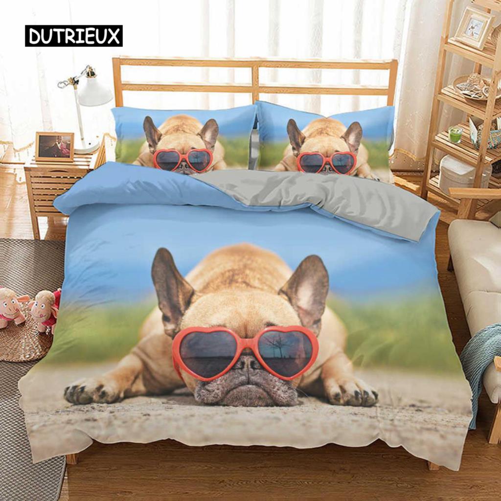 Комплект постельного белья с изображением французского бульдога размера King Size, милый комплект постельного белья с изображением щенка и животных для детей-подростков из полиэстера, 2/3 шт., мягкое одеяло