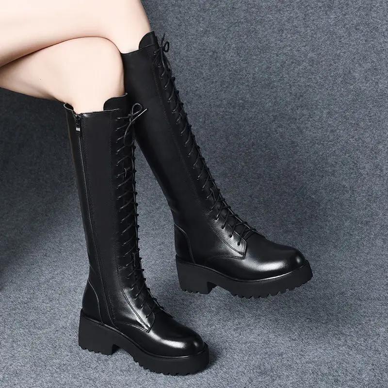 Women's Long Boots Round Toe Middle Heel Ladies Knee High Shaft Shoes Platform Comfortable and Elegant Winter 2024 Novelty Trend