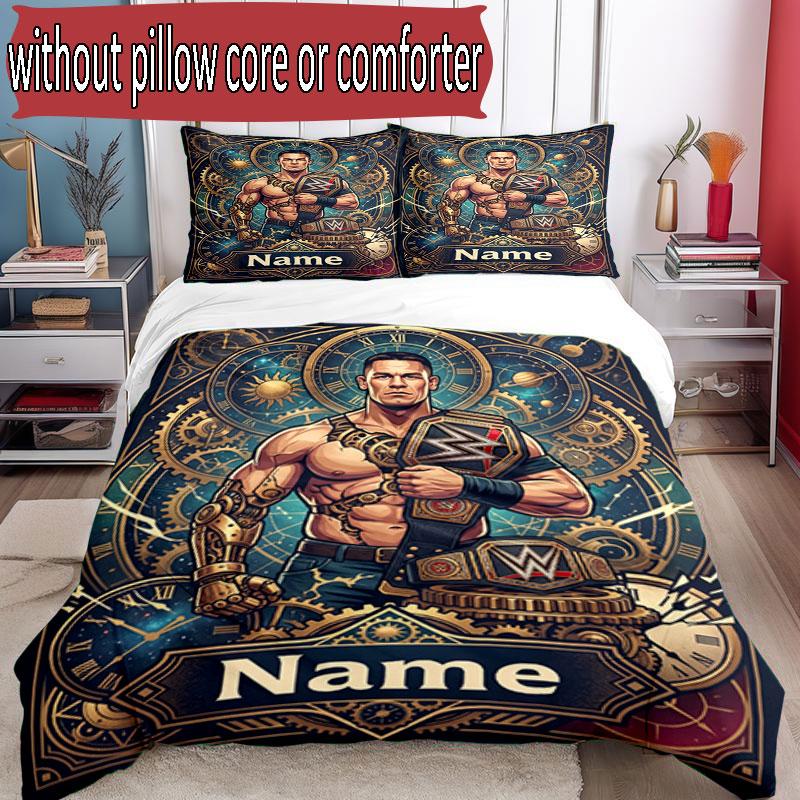 3pcs Duvet Cover Set (1*Duvet Cover + 2*Pillowcase, Without Core), Custom Name John Cena Pattern Bedding Set, Home Bedroom Decor Gift