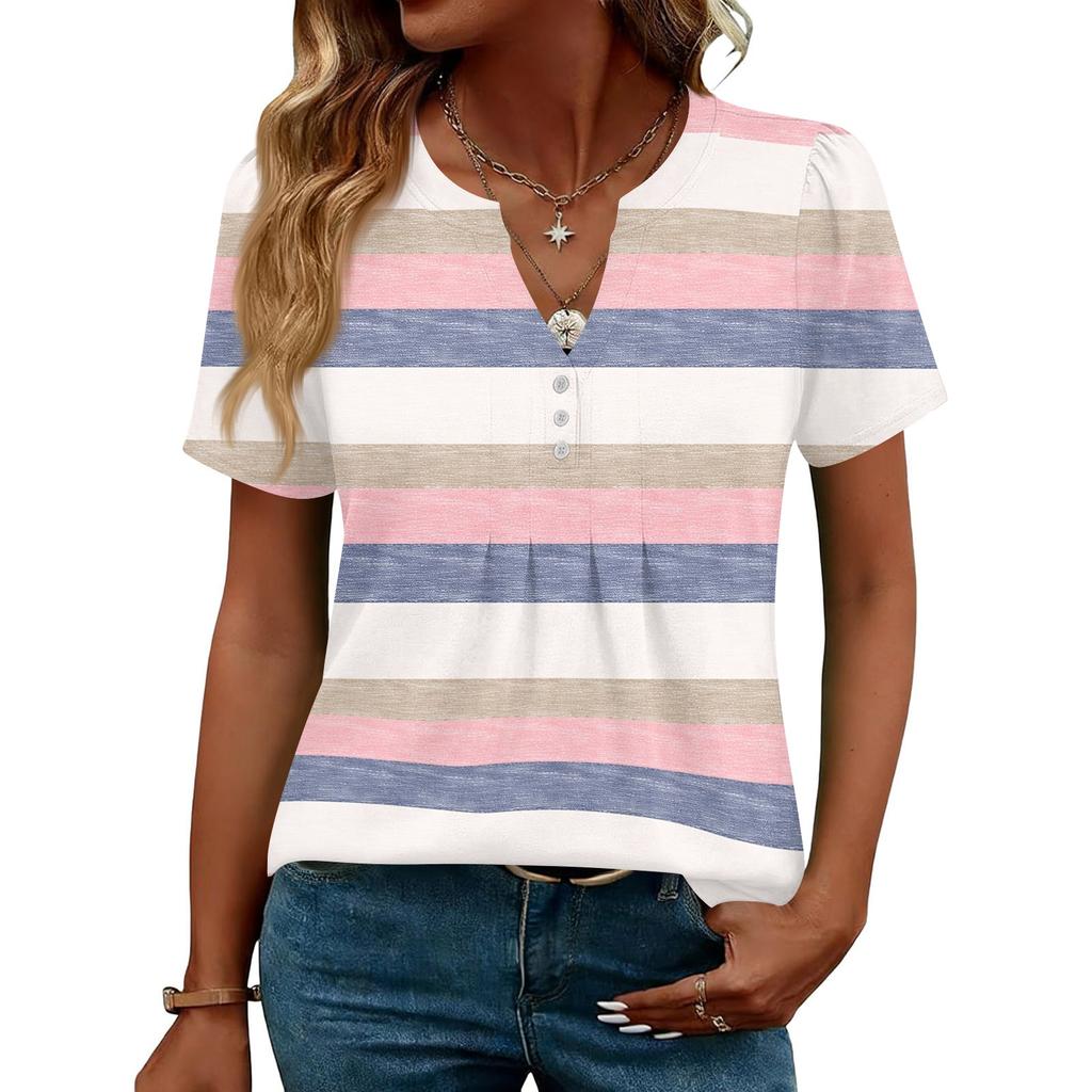 Женские Топы Элегантные Повседневные Рубашки с V-образным вырезом и коротким рукавом Плиссированные Блузки Туника на пуговицах