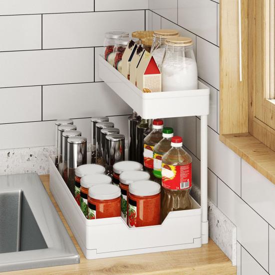 Kitchen Cabinet Pull-Out Storage Rack Under-Sink Organizer Large Capacity 2 Tier L-Shape Easy Installation