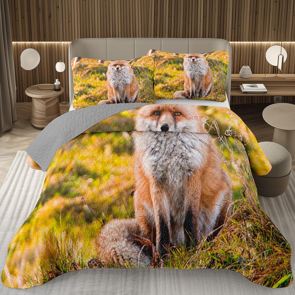 Кавайный комплект покрывала 2/3 предмета с лисой, лесное животное, двустороннее стеганое покрывало, природа, лесной, лисы, стеганое покрывало для спальни девочки-подростка