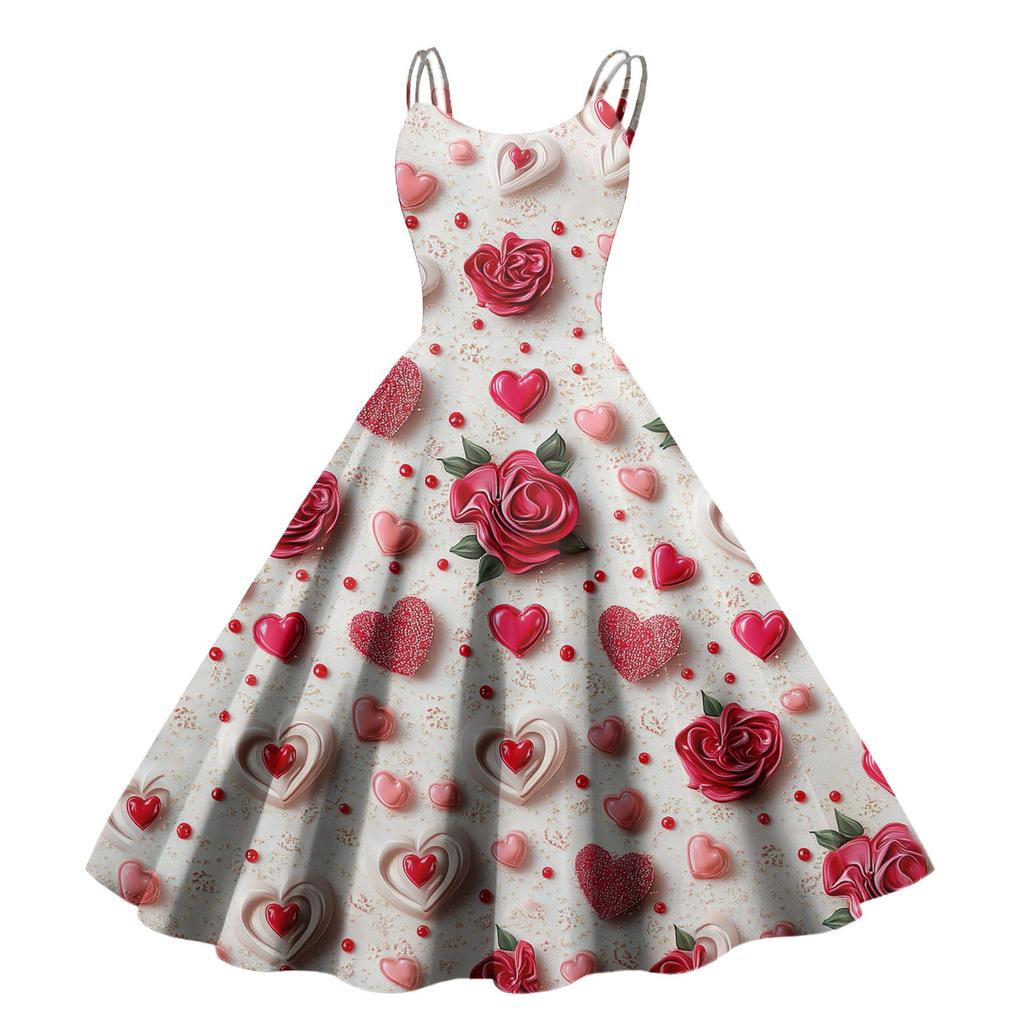 Women's Valentine's Day Love Heart Print Sexy Off Shoulder Vintage Dress