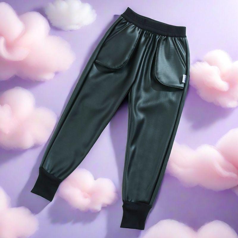 Детские кожаные штаны осень-зима плюс бархат утолщенные теплые и ветрозащитные кожаные штаны водонепроницаемые детские штаны на шнурке