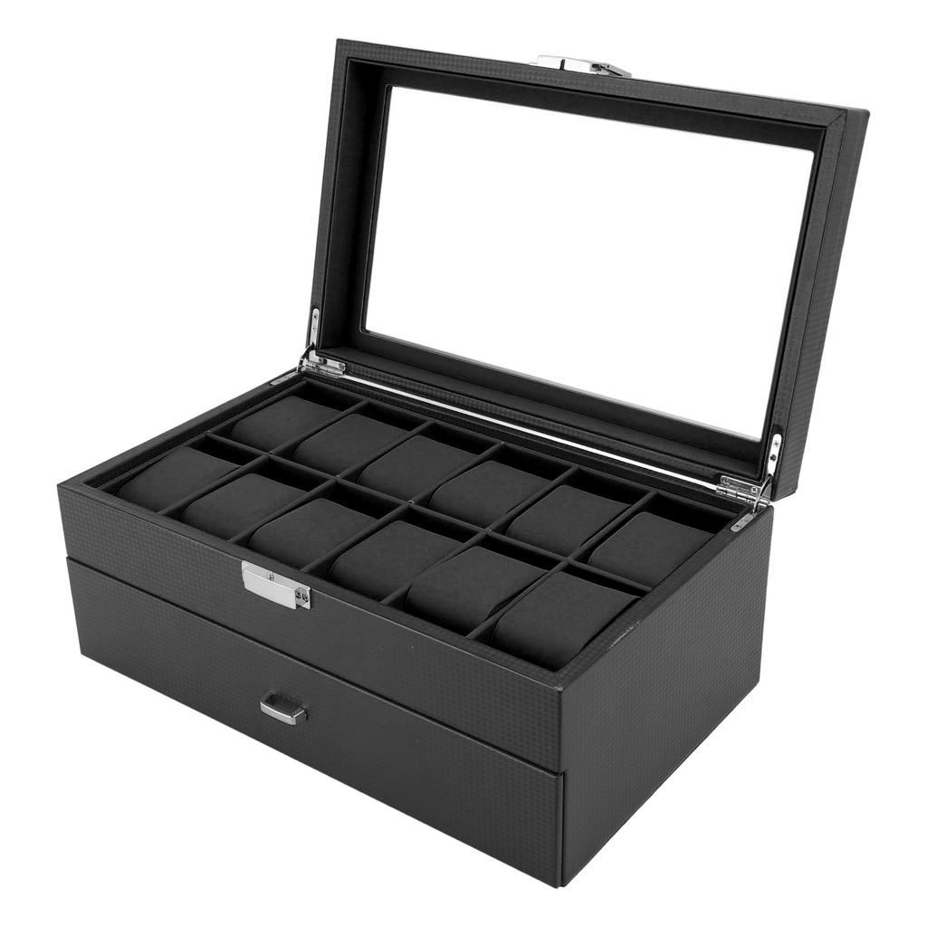 24 Slots Watch Display Box Carbon Fiber Watch Case with Drawer Design Waterproof PU Leather Interior Watch Organizer