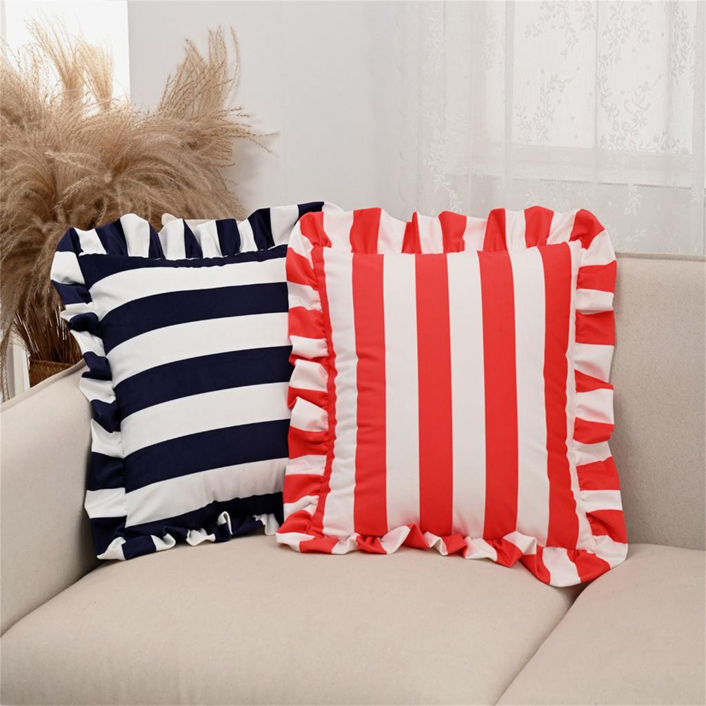 Stylish Square Pillow Cover With Ruffled Trim and Striped Pattern Design Throw Cushion Case For Sofa Bedroom Decors