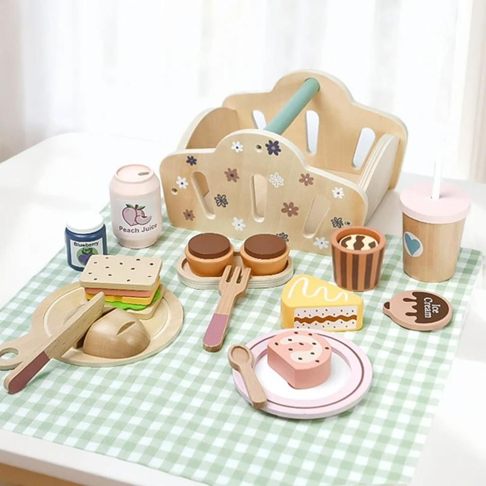 Picnic Basket Hand-held Basket Pretend Play Toys Children's Wooden Simulation Tableware Set Girls' Toys Desserts and Cakes