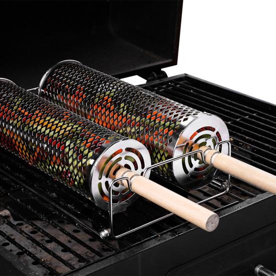 1/2Pcs Stainless Steel BBQ Cage with Wooden Handles Easy To Clean Rolling Barbecue Basket Even Heating Barbecue Basket