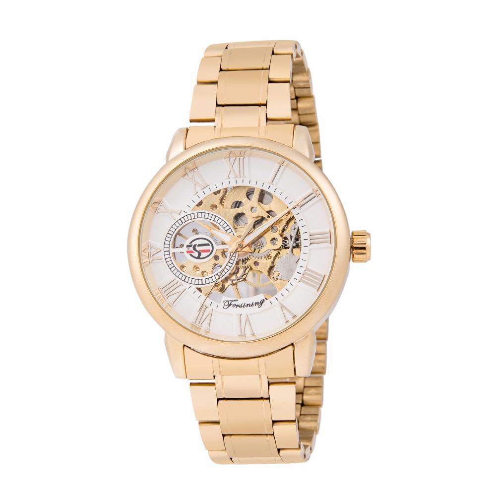 Forsining Часы мужские часы модные повседневные золотые часы стальной ремешок полые автоматические механические часы S838-9-A