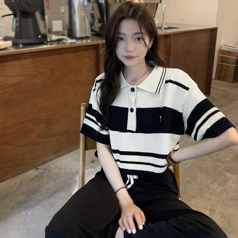 Летняя полосатая свободная повседневная рубашка-поло в стиле ретро с тонким воротником-поло, короткая вязаная футболка, женский топ