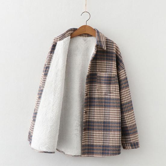 Lapel Long Sleeves Patch Pocket Single Breasted Woolen Coat Thickened Fluffy Lining Plaid Print Shirt Jacket Outerwear