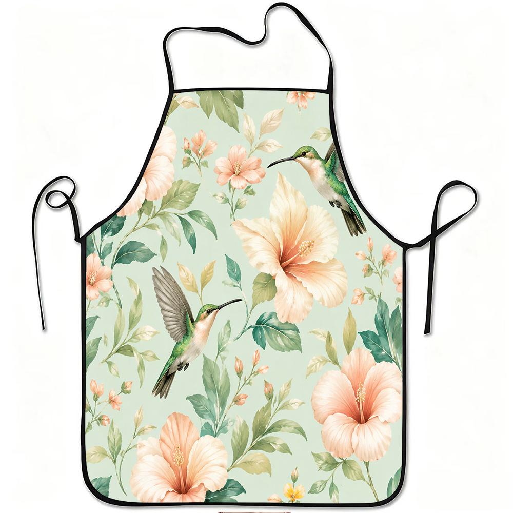 1pc Hummingbird and Hibiscus Floral Print Apron, Durable and Easy to Clean, Adjustable Waistband, Polyester Material, for Kitchen Cooking, Gardening,