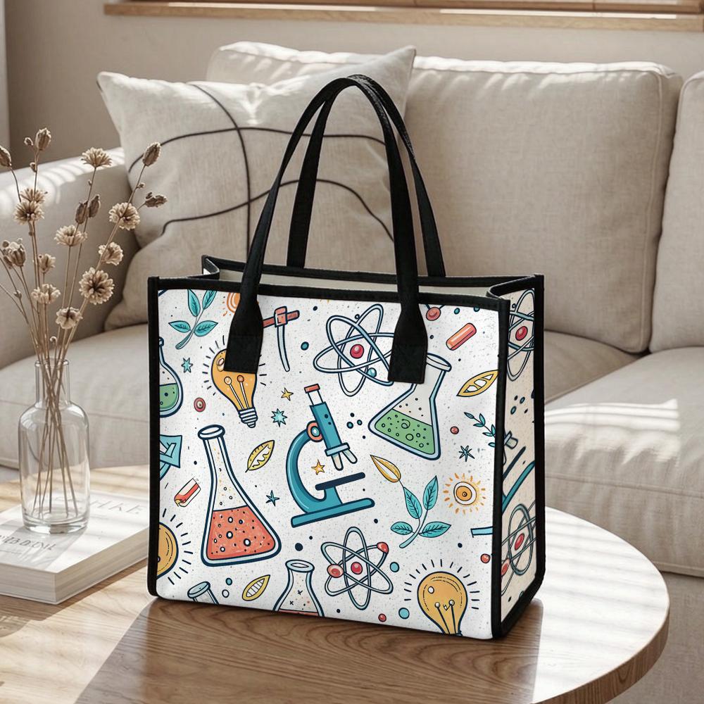 Cute Science Pattern Tote Bag Casual Portable Daily Shoulder Handbag for Shopping School Travel Lightweight Fashion Carryall