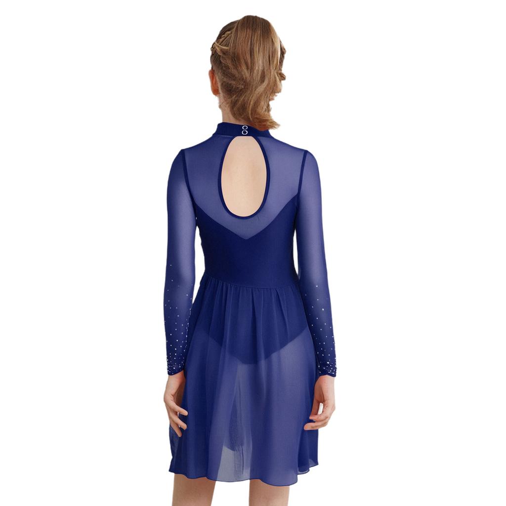 Платье для фигурного катания для девочек, сетчатые длинные рукава, воротник-стойка, вырез-капелька сзади, блестящие стразы, асимметричный подол, трико