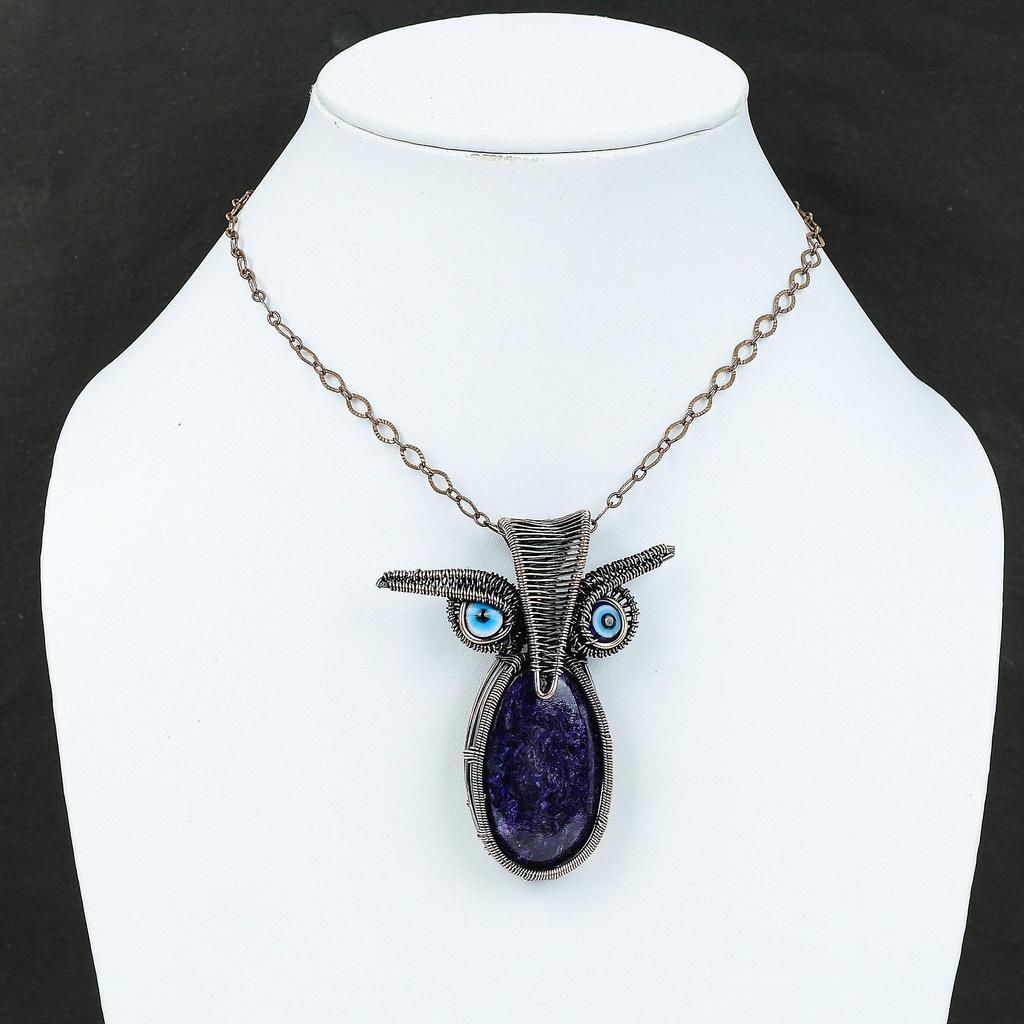Подвеска из чароита, синяя подвеска от сглаза, медная проволока, ювелирное изделие ручной работы, подвеска из драгоценного камня, сова, медная подвеска, подарок для мамы