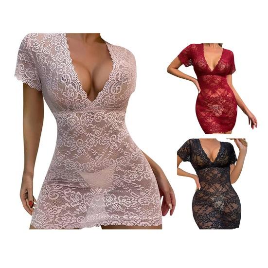 Женское ночное платье-футляр с тонким прозрачным кружевом с тонким коротким рукавом и глубоким вырезом с V-образным вырезом и цветком
