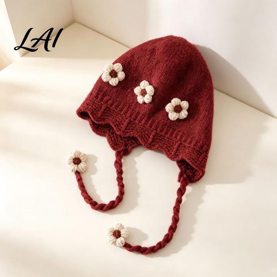 Baby Winter Hat Woolen with Floral Decor Windproof Warm Knitted Infant Earflap Cap Hat Ear Protection for Autumn And Outdoor Wear Toddler Girl