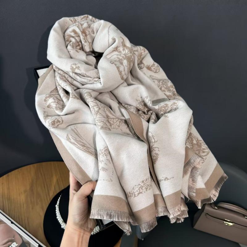 Winter Chinese Style New Retro Double-sided Printed Imitation Cashmere Scarf for Women, Thickened and Warm Versatile Shawl Wrap