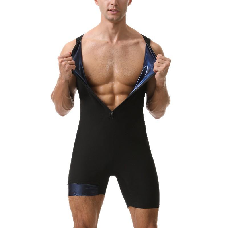 Men Plus Size Sauna Bodysuit, Zipper Tummy Control Compression One Piece Shaper For Gym Workout Training