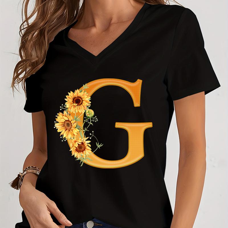 Womens Vneck Graphic Shirts Orange AZ Alphabet Sunflowers Short Sleeves  Harajuku Fashion Girl Casual Y2k Trend Tshirts Top