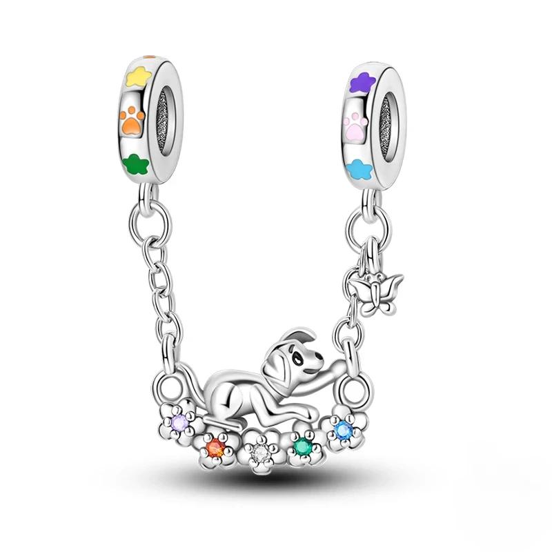 S925 стерлингового серебра милые фиолетовые подвески кошка собака бабочка цветок цепочка безопасности подвески подходят оригинальный браслет своими руками