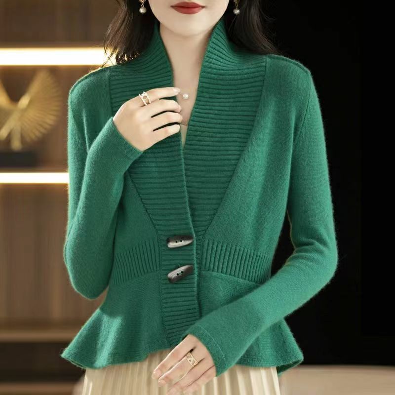 Sweater Autumn and Winter 2022 Knitted Cardigan Women V-neck Cow Horn Button Waist Neck Sweater Ruffle Cardigan Sweater Coat Top