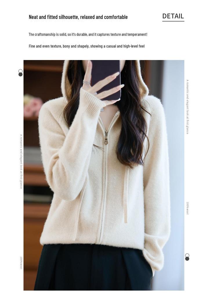 Women's 100% Pure Wool Hooded Knitwear Cardigan Coat - Autumn Winter 2025 New Arrival, Zipper, Lazy Style Sweater
