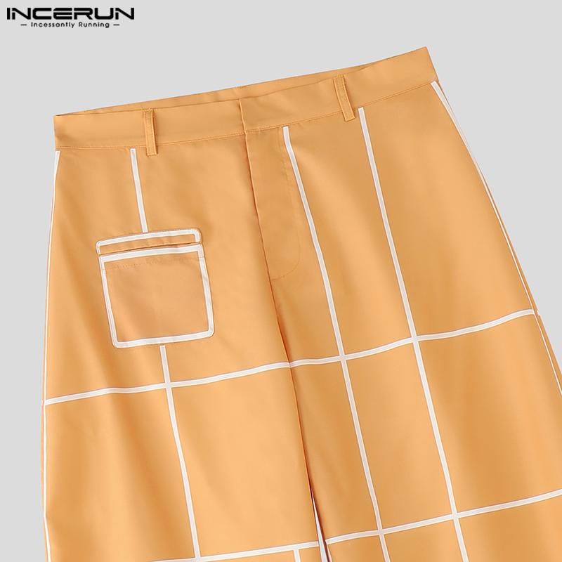 INCERUN Мужские брюки оверсайз на молнии с боковыми карманами на талии, клетчатые, повседневные, свободные, длинные