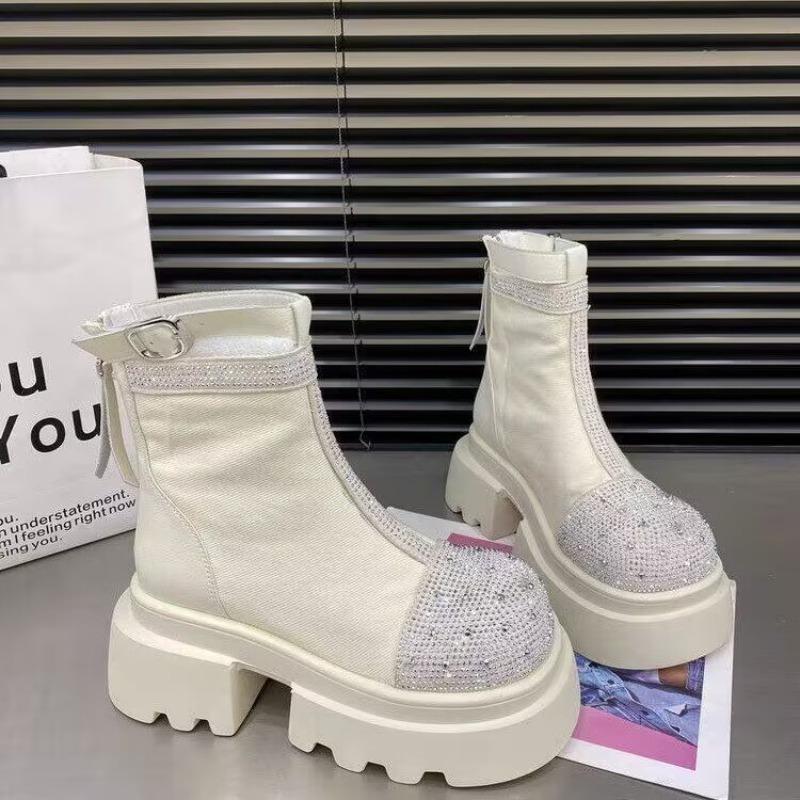 Fashion Outdoors Women's Ankle Boots Side Zipper 2024 High Quality Rhinestone Decoration Square Heel Fashion Boots Zapatos Para Mujeres