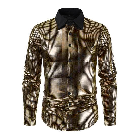 Мужская ретро рубашка с пайетками, блестящая застегивающаяся на пуговицы рубашка с длинным рукавом и лацканами, винтажная диско-рубашка для баров, ночных клубов, вечеринок