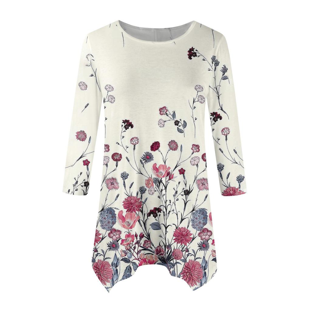 Женская модная повседневная рубашка с круглым вырезом и цветочным принтом, рукавами-семью, свободным удобным топом с поясом