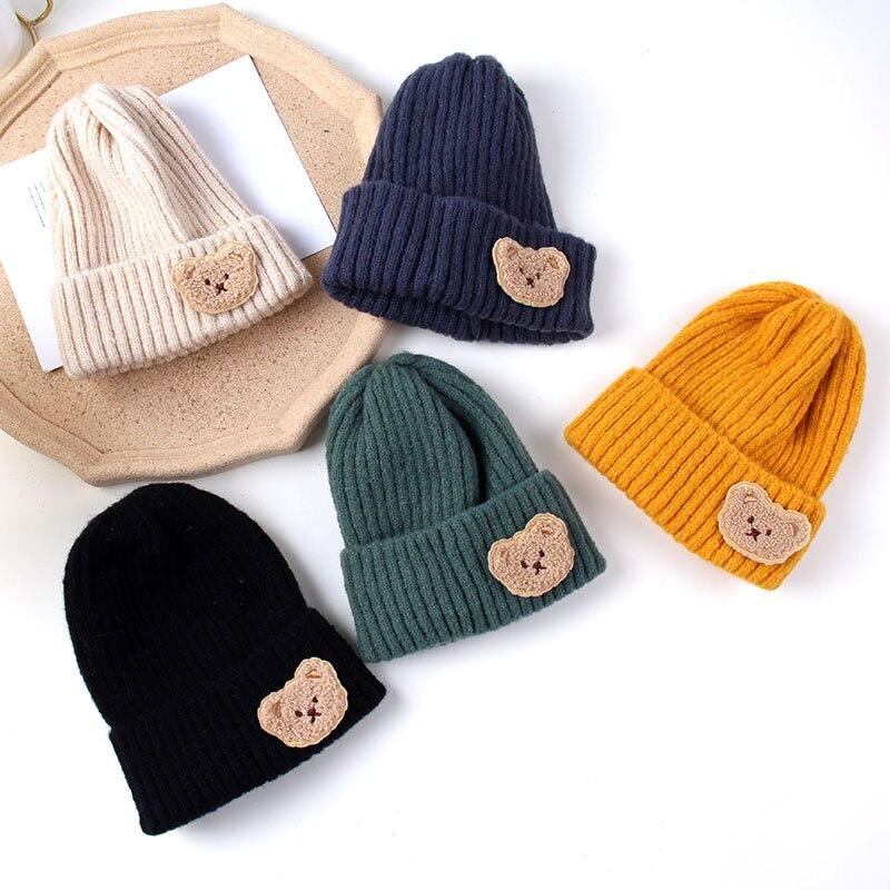 Warm Kid Hat Fashion Kawaii Cartoon Bear Crochet Bonnet Beanie for Toddler Boy Girl Autumn Winter Knit Solid Color Cap for Baby