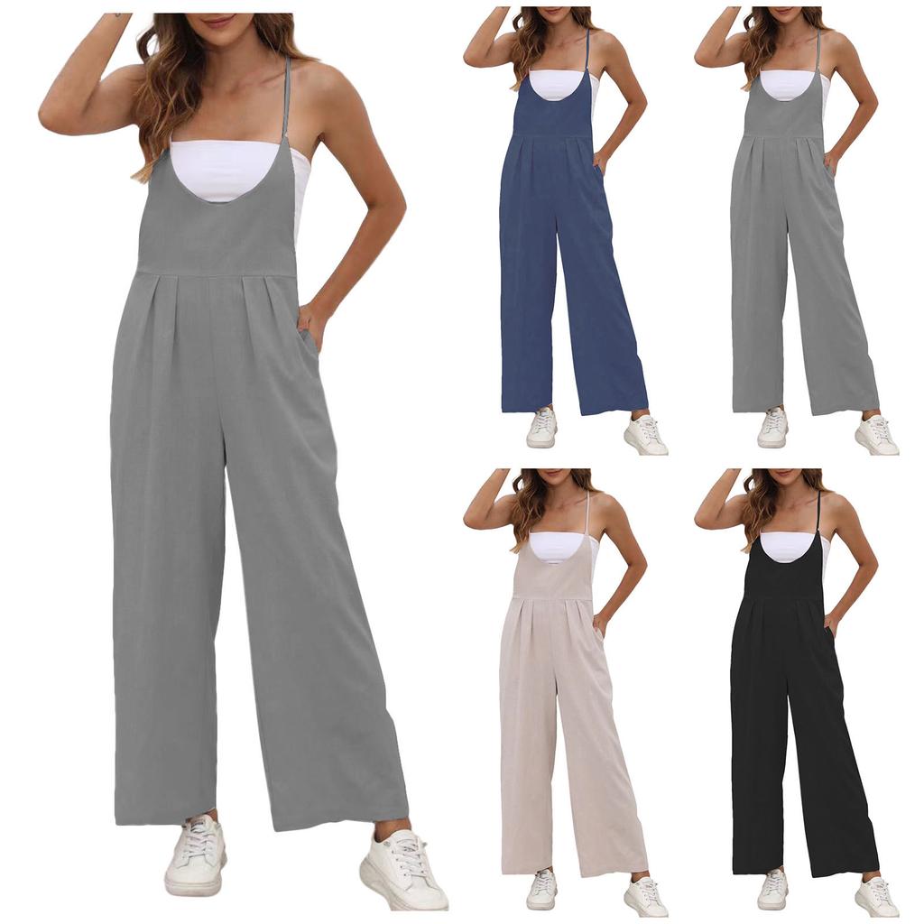 Женские модные летние однотонные брюки без рукавов с v-образным вырезом, широкие брюки, комбинезон