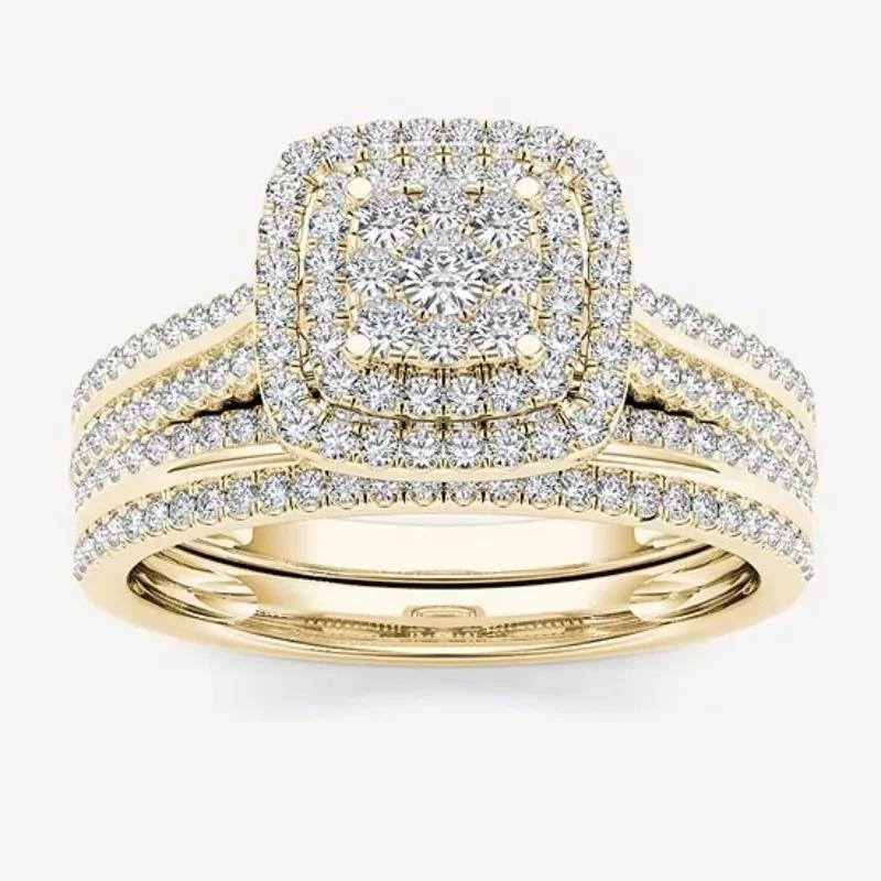 Изящное кольцо геометрической формы в цвете деликатного золота для женщин, роскошный металлический набор колец с инкрустацией белыми камнями, ювелирные изделия