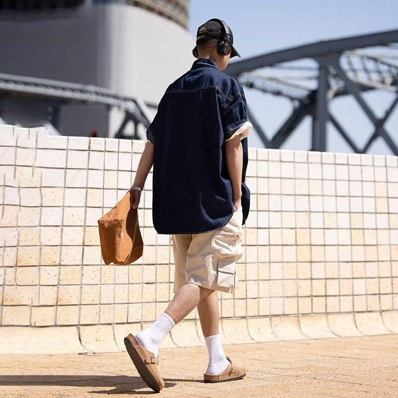 Японский ретро модный бренд летняя свободная джинсовая рубашка с короткими рукавами художественная молодежная рабочая рубашка мужская и женская многослойная куртка