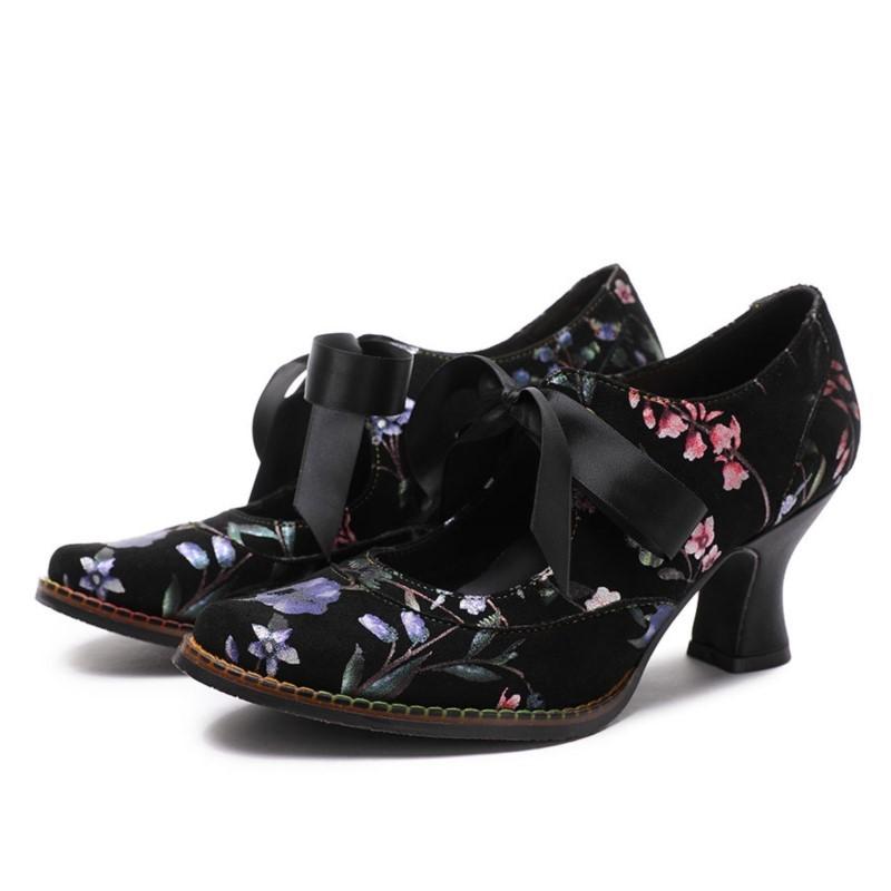 Johnature Женская обувь, весенние туфли-лодочки в стиле ретро, ​​женские туфли ручной работы на высоком каблуке с круглым носком, со шнуровкой и милым принтом