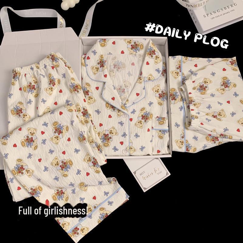 Летняя хлопковая пижама в клетку с цветочным принтом: Женский комплект из трех предметов с коротким рукавом в японском стиле - милая домашняя одежда в стиле интернет-знаменитостей.