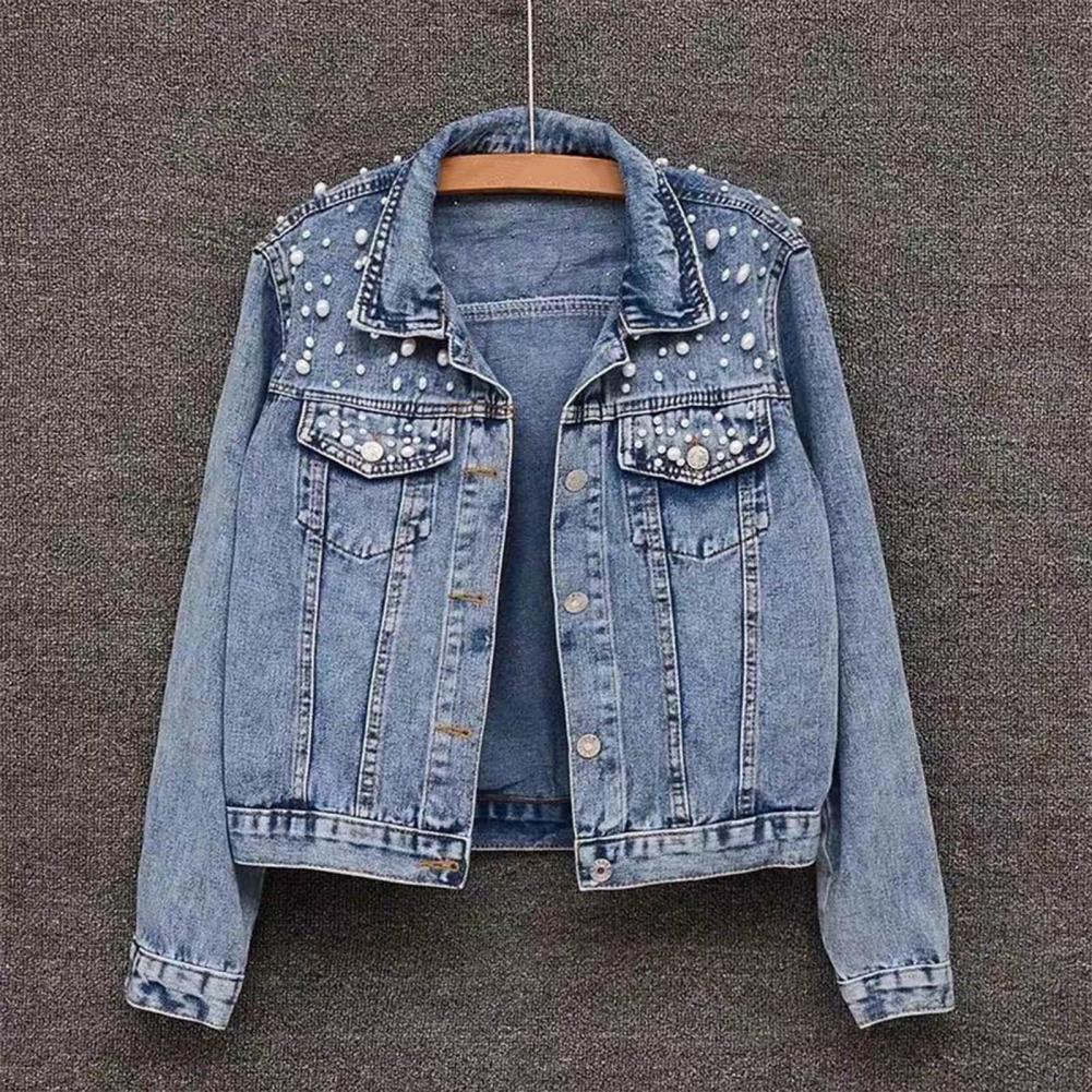 Female Jacket Stylish Winter Female's Denim Coat with Bead Decor Plus Size Long Sleeves Turn-down Collar Casual Streetwear Jac Practical Use