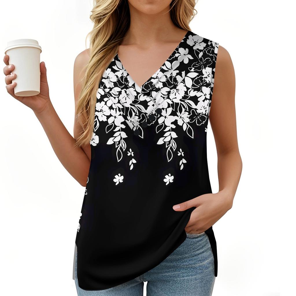 Женская майка с винтажным цветочным принтом, летняя футболка на пуговицах с V-образным вырезом, свободный модный топ без рукавов