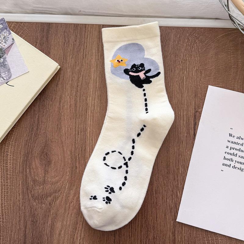 Female Summer Thin Cartoon Illustration Dog Star White Medium Tube Cotton Socks