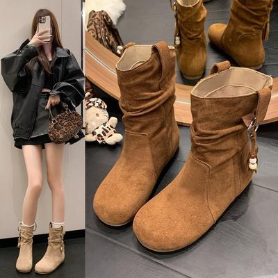 Новые осенние полусапожки ретро национальный 2025 короткие сапоги женские на меху коричневые стиль ботинки Мартин внутренняя высота увеличение рад