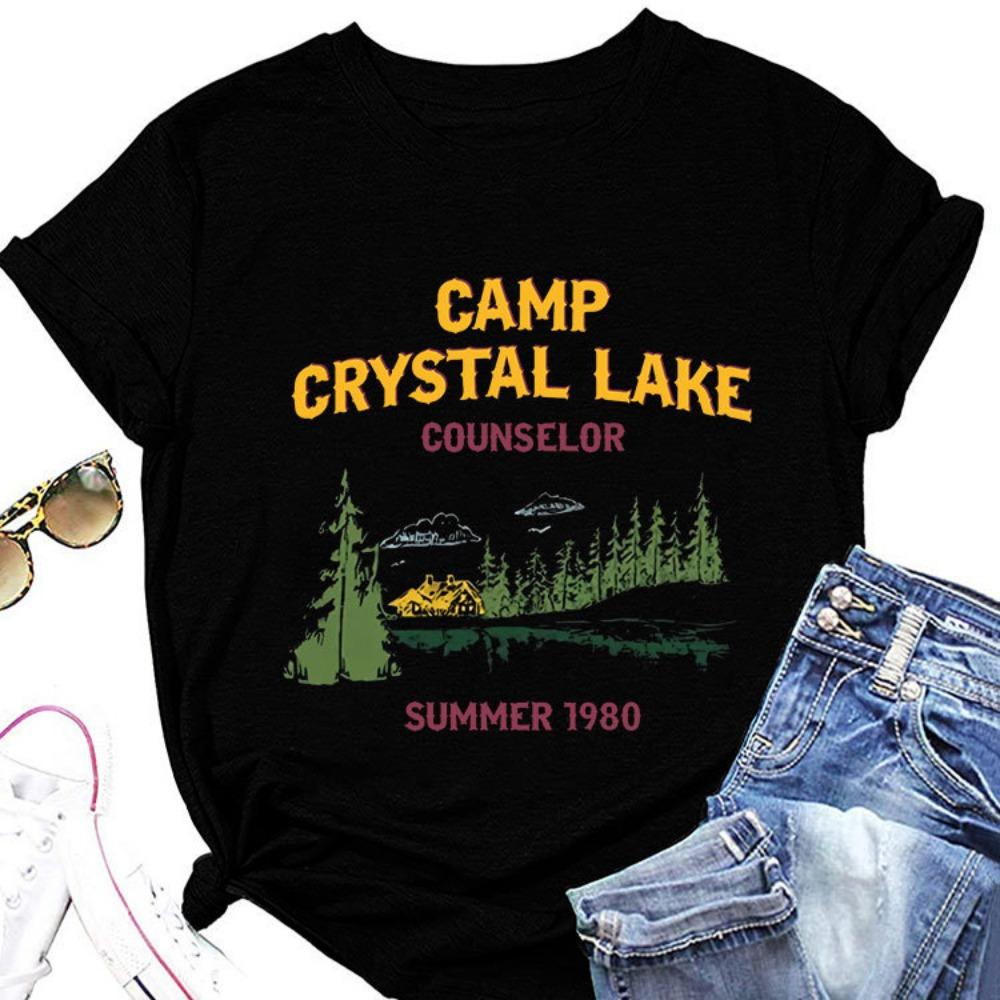 Летняя новая женская футболка с короткими рукавами, с принтом Camp Crystal Lake, свободный крой, круглый вырез, повседневный топ, сочетается со всей модной одеждой