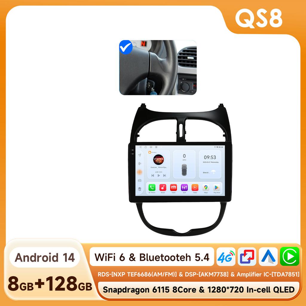OSSURET Snapdragon 6115 Автомагнитола Autoradio для PEUGEOT 206 206SW 206CC 2001 - 2008 Carplay Android Auto Мультимедиа GPS 360 Камера Стерео