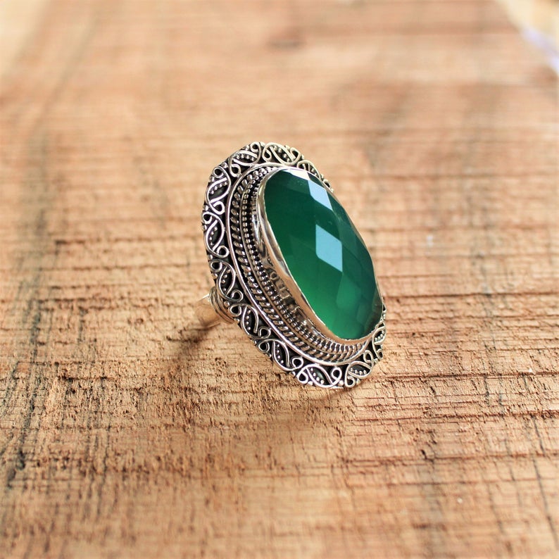 Кольцо из стерлингового серебра 925 пробы, эффектное кольцо в стиле бохо, подарок для нее, богемные украшения, кольцо из зеленого оникса ручной работы, подарок на годовщину, новогодний подарок,